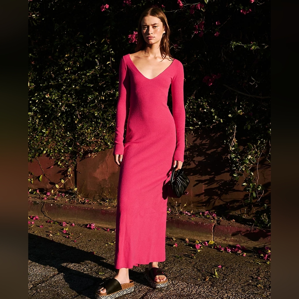 Free People Long Sleeve V-Neck Maxi Dress in Pink